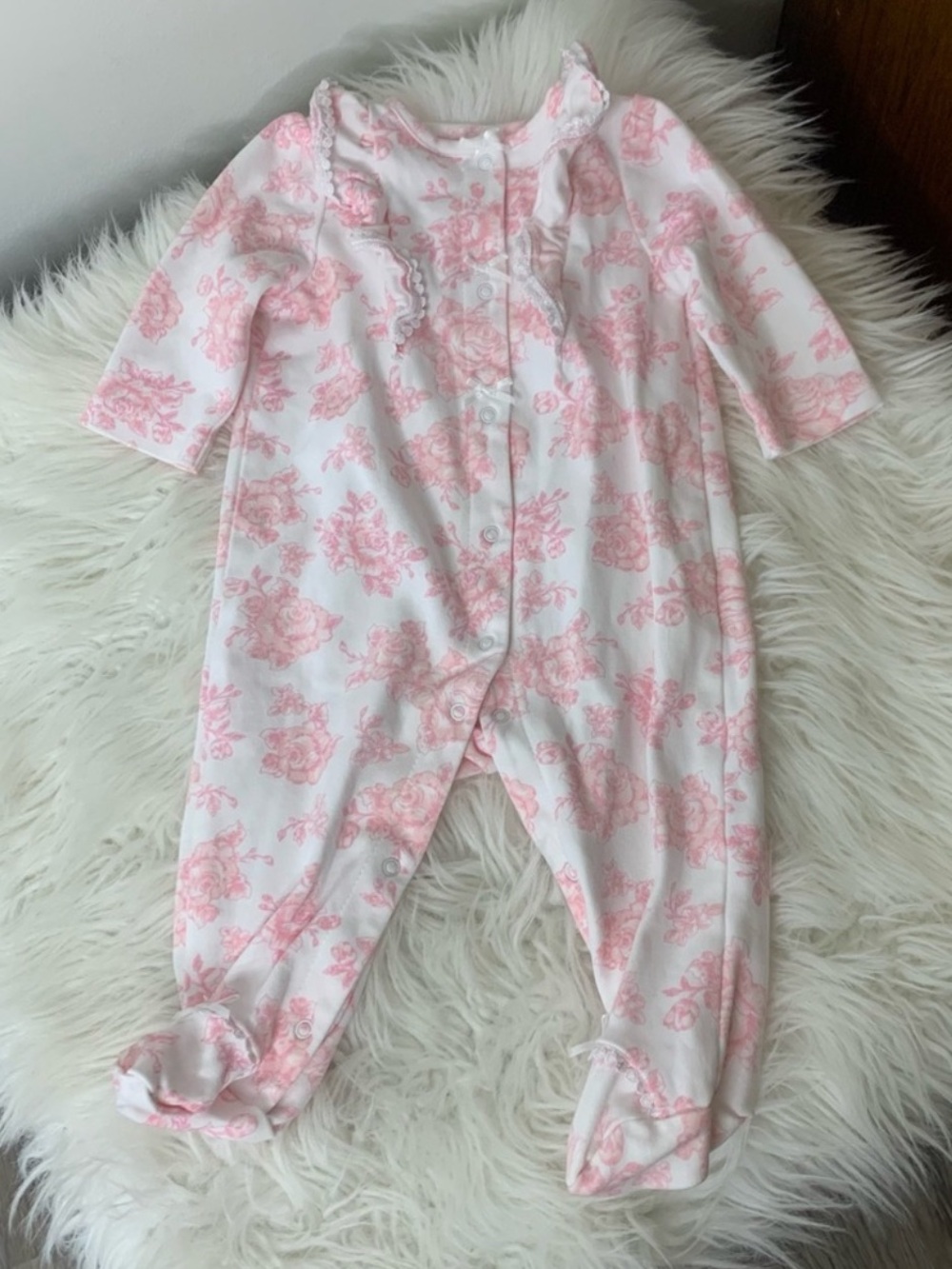 Little Me Pink Floral Footed One-Piece with Headband Size 6M